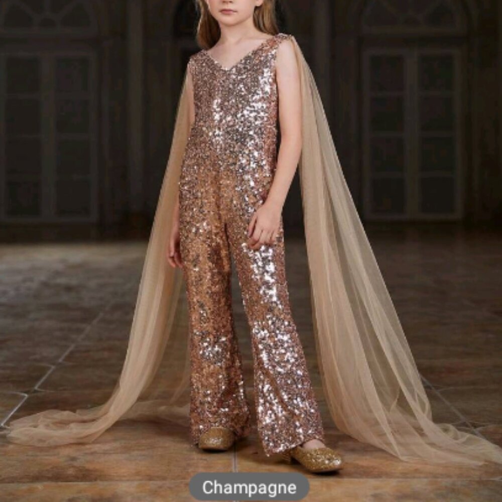 Beautiful Champagne Gold Sparkly V-Neck Party Jumpsuit